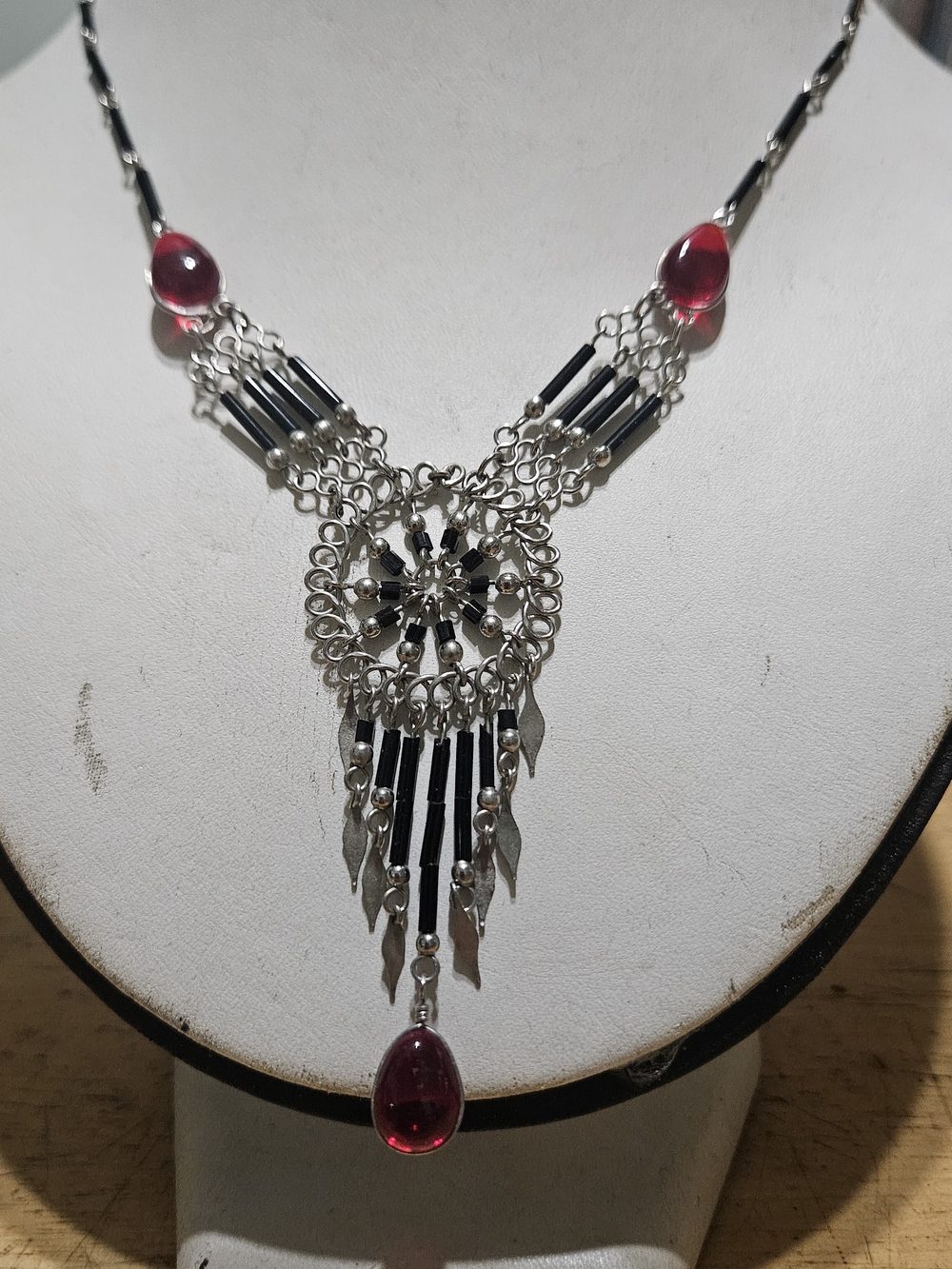 Vintage Peruvian Silver-toned W/ Red Teardrop Glass Beads Necklace